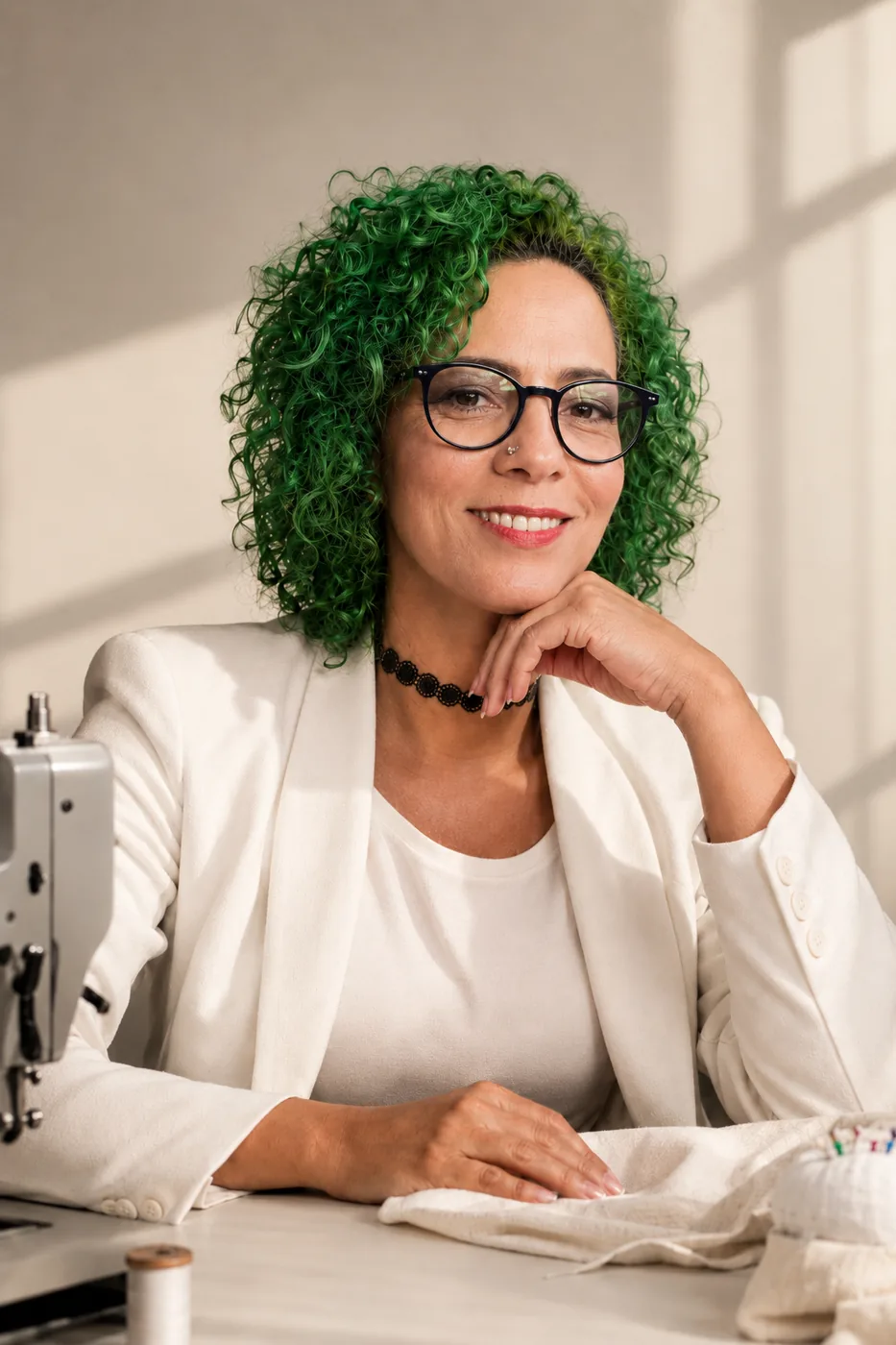 A modista do atelier JacqueCostura, sentada à máquina de costura